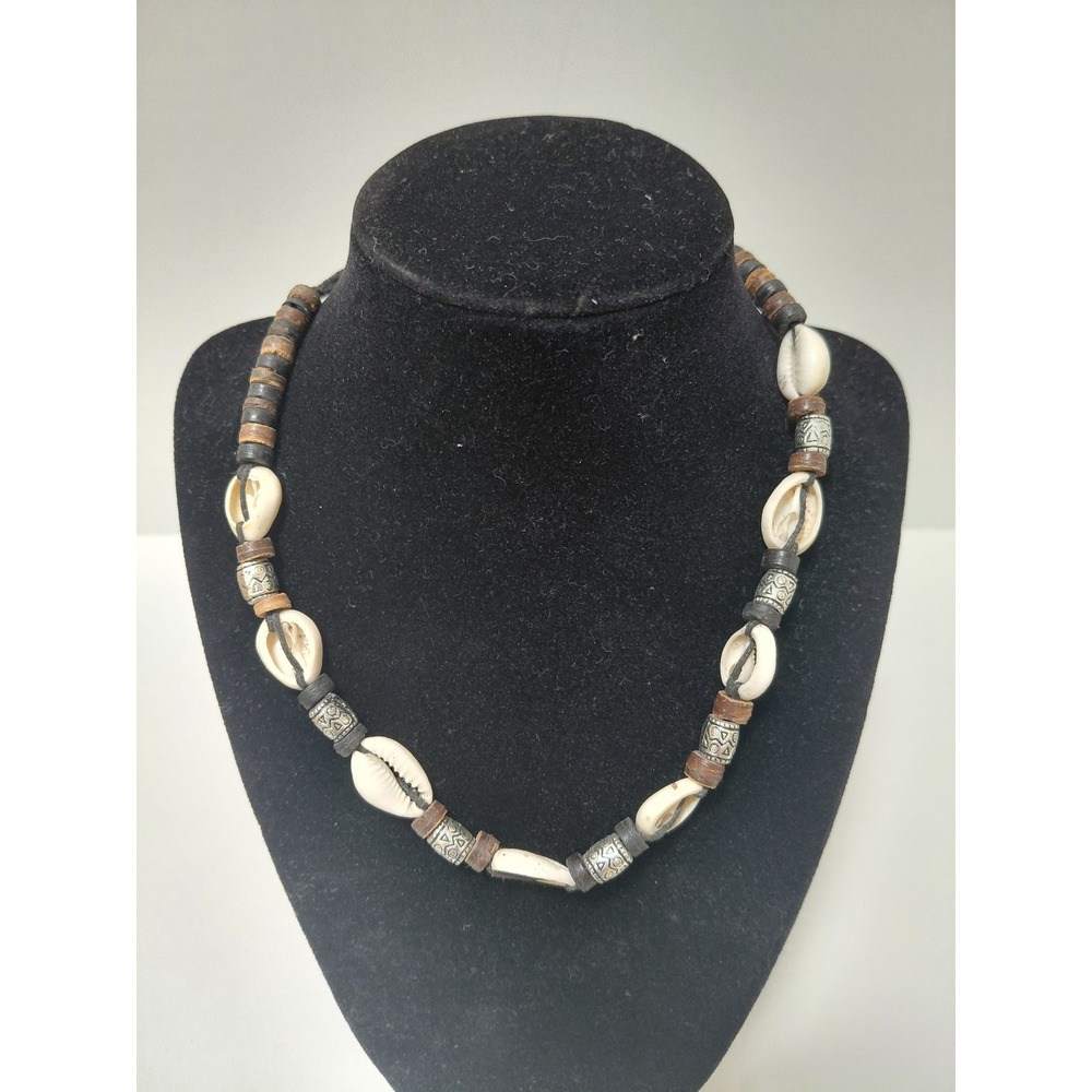 Boho Cowrie Shell Necklace‎ Wood Bead Tribal Silver Tone Spacer Beach Choker NEW